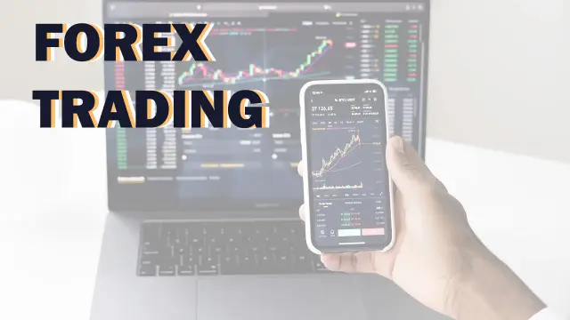 Forex Trading: a phone showing a rising price chart, held in front of a laptop running a trading terminal