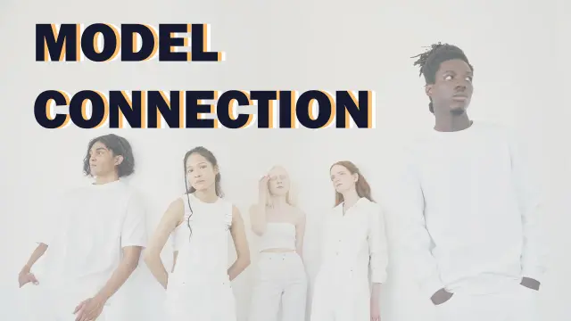 Model Connection: five models standing in a line against a white studio wall