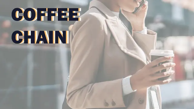 Coffee Chain: a woman in a blazer holding a takeaway coffee cup while talking on the phone