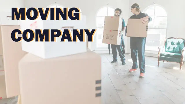 Moving Company: two movers carrying boxes into a bright, half-furnished apartment