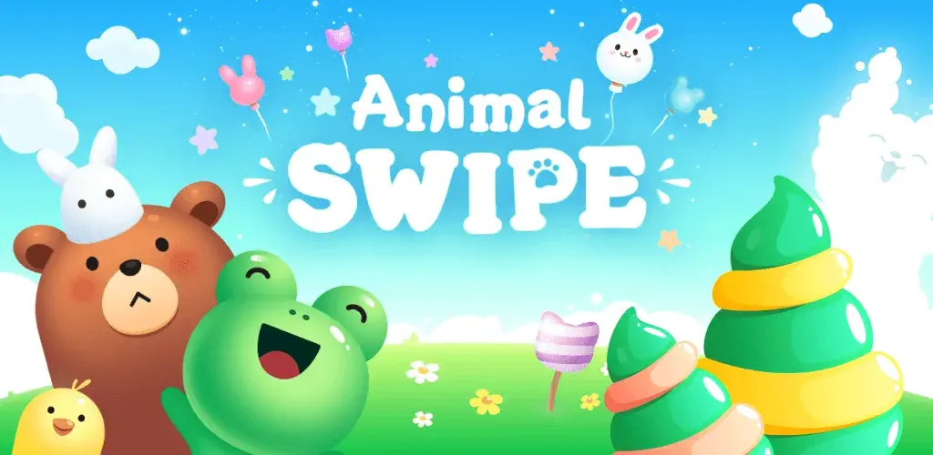 Animal Swipe title art: a bear, a rabbit, a frog and a chick in a sunny green meadow with balloons and stacked ice-cream cones.