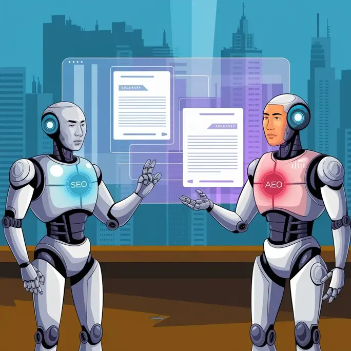 Two robots labelled SEO and AEO facing each other across floating documents, with a city skyline behind them