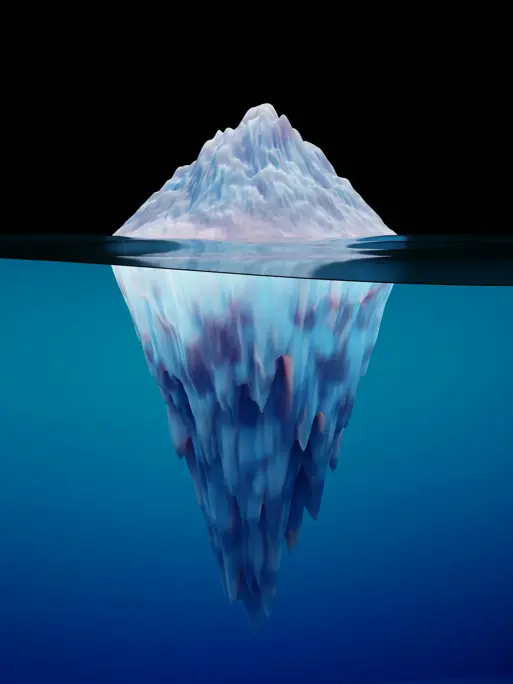 Illustration of an iceberg with a small visible tip above water and a much larger mass hidden below