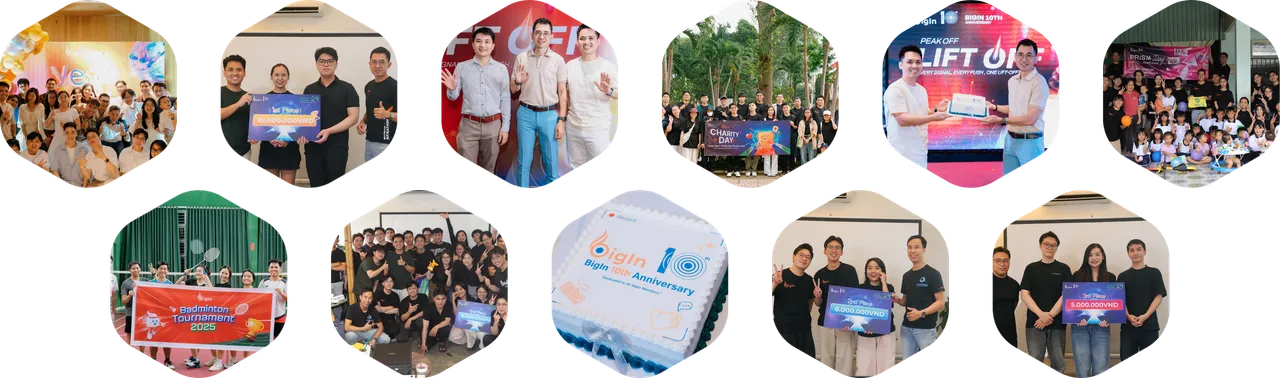The BigIn software development team in Vietnam at the 10th anniversary, the 2026 hackathon, two charity days and a badminton tournament