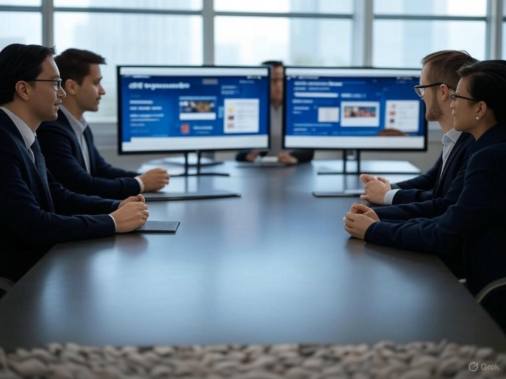 A modern computer screen displaying A/B testing in product, with two website versions side by side—one featuring a simple button design and the other a different layout—labeled Version A and Version B, including subtle performance metrics like upward arrows, and a few people viewing in the background.