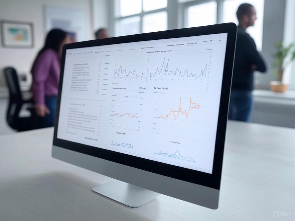 A modern office scene displaying A/B testing in product metrics on a large computer screen, featuring graphs for conversion rate, click-through rate, bounce rate, and time on page, with three people casually viewing the dashboard.