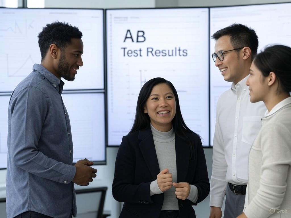 Team of professionals in a modern tech office reviewing A/B testing in product data on large screens with graphs and metrics.