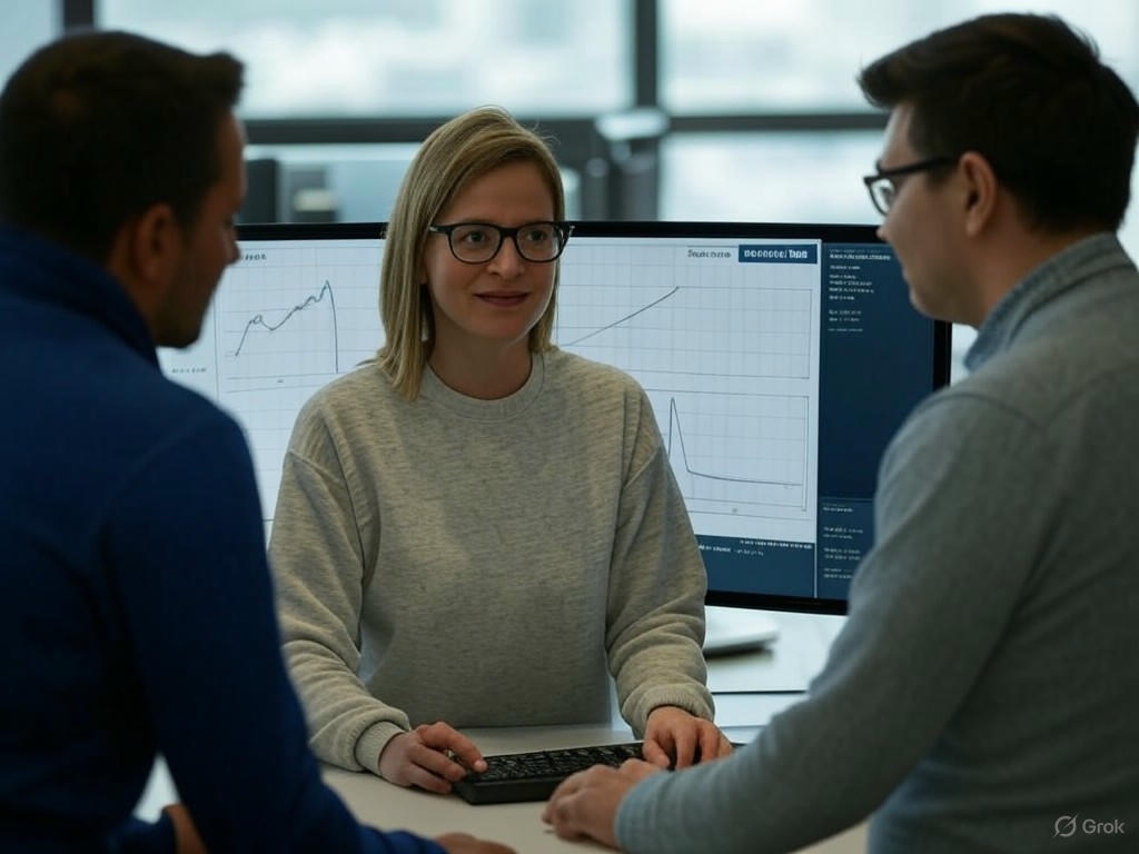 A team of three product developers in a modern office gathered around a computer screen displaying simplified A/B testing in product graphs, subtly highlighting pitfalls like inadequate sample size and too many variables, with the text \