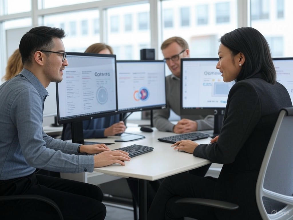 Team collaborating on A/B testing in product using tools like Google Optimize, Optimizely, VWO, and Adobe Target on computer screens in a modern office.