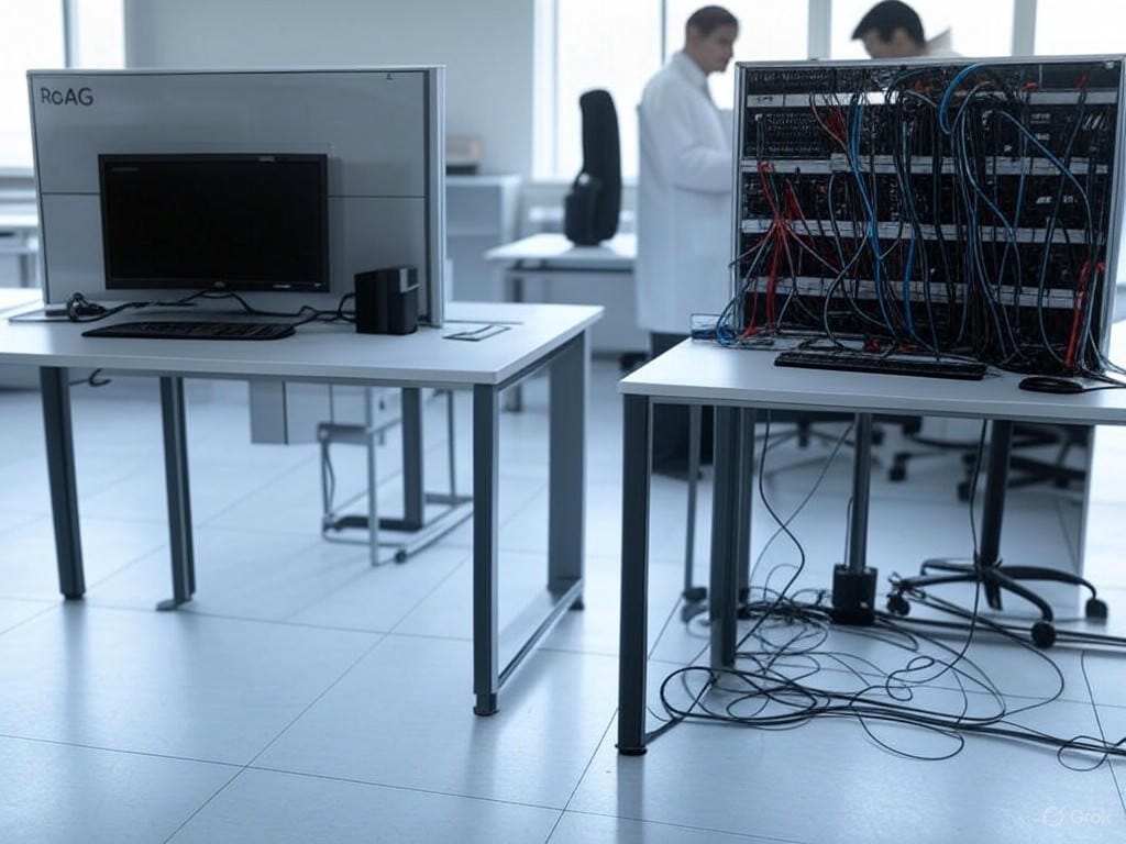 A modern tech lab featuring a simple Reasoning-Augmented Generation workstation contrasted with a complex RAG setup, including flowing data streams and a brain icon.