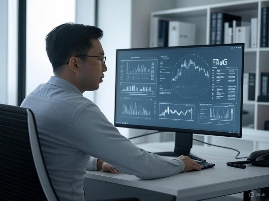 Professional analyst in a modern office reviewing Reasoning-Augmented Generation use cases on a computer screen with charts and documents, surrounded by financial reports, legal books, and medical notes.