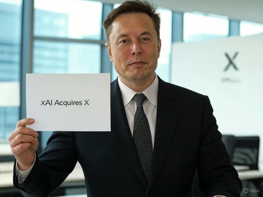 Elon Musk standing confidently in a modern office, holding a document that reads \