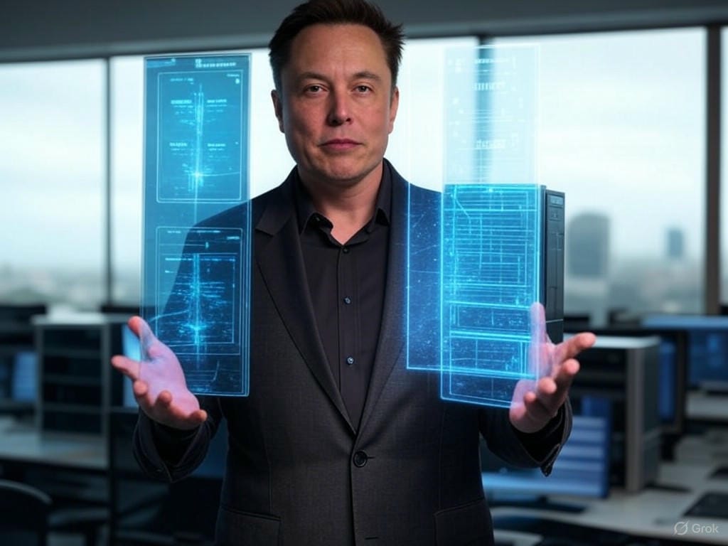 Elon Musk presenting a holographic display in a high-tech office, symbolizing the xAI acquires X merger with interconnected data streams, servers, and global maps.