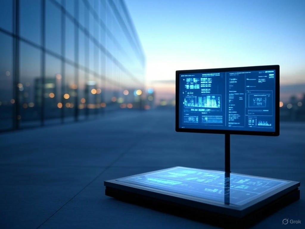 A photorealistic image illustrating xAI acquires X, depicting a modern data center under construction alongside an AI model interface and the evolution of a sleek social media platform, symbolizing rapid growth and efficiency.